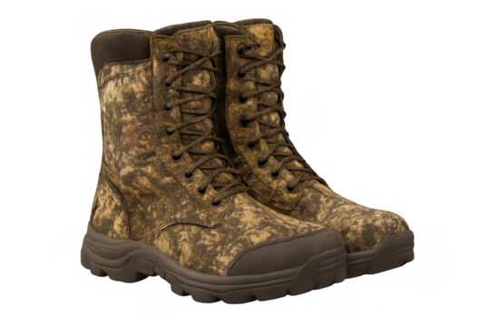 Camouflage combat boots standing upright on a transparent background, showcasing rugged design and tactical readiness for any adventure