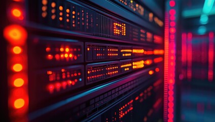 Intricate server room with glowing lights, showcasing technological prowess.