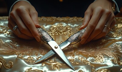 Elegant hands hold ornate scissors over luxurious fabric