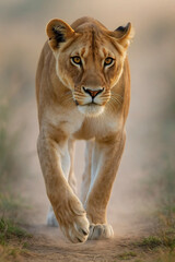 Obraz premium Lioness walking confidently, eyes focused, safari setting.
