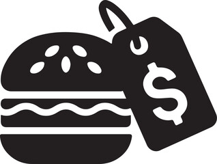 Silhouette vector of a burger with price tag, ideal for fast food pricing, restaurant menus, sales promotions, and food marketing materials.