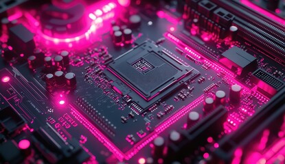 Close-up of a computer motherboard's central processing unit, glowing with vibrant pink accents.  High-tech, detailed, and futuristic.