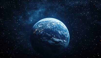 Naklejka premium Stunning view of Earth from space, showcasing its vibrant blue oceans and swirling clouds against a backdrop of twinkling stars.