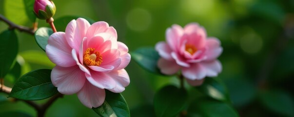 Obraz premium Delicate pink camellia, vibrant green foliage , plants, pink