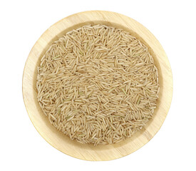 Basmati rice uncooked in wooden bowl isolated on white