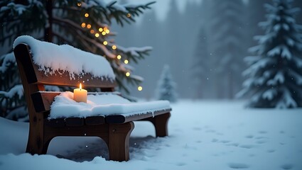 Snow covered bench with candlelight in winter forest