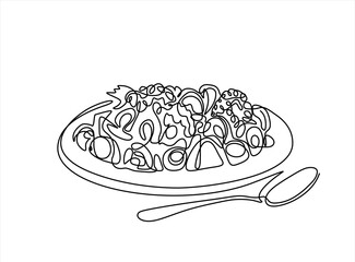 Single continuous line drawing of stylized vegetables salad with spoon. Healthy food restaurant concept. Modern one line draw design vector illustration for cafe, shop or food. Editable stroke.