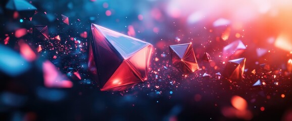 Glowing geometric shapes float in a vibrant, dark space, creating a surreal and futuristic atmosphere.
