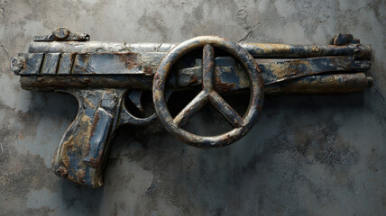 Metal Rifle Sculpture with Integrated Peace Symbol Replacing the Barrel