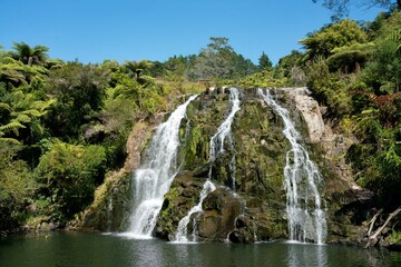 Owharoa Falls Cascading in Sunlight on a Summer Day