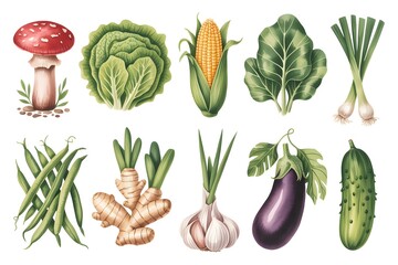 Watercolor Style Vegetables Mushroom, Cabbage, Corn, Spinach, Onion, Beans, Garlic, Ginger