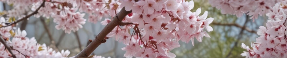 Fototapeta premium Abundant sakura blossoms, pink and white petals cascading down branch , abundant, spring, tree