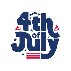 4th of July typography design with fireworks and USA flag red stripes on white background. 4th of July banner poster greeting card to celebrate American Independence Day. Fourth July logo