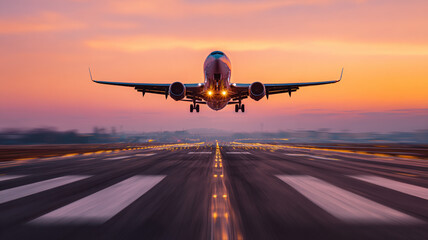Fototapeta premium Passenger Aircraft Lifting Off at Dusk over a Lit Runway with Blazing Sunset and Cloud Streaks