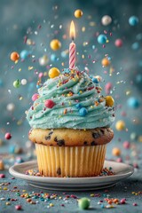 Blue frosted cupcake with birthday candle on a clean white plate as confetti falls from above.