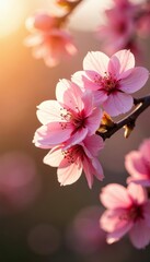 Soft pink peach blossoms bathed in warm spring sunlight, petals unfurling , flora, beautiful, floral