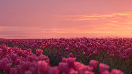 Fototapeta premium Vibrant pink tulip field blooming at sunset under colorful sky in peaceful spring countryside landscape
