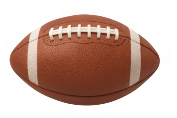 Studio shot of a prolate spheroid brown leather american football with white laces, isolated on a transparent background