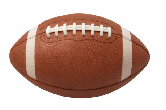 Studio shot of a prolate spheroid brown leather american football with white laces, isolated on a transparent background