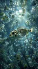 A fish swimming through plastic bottles that turn into clean bubbles