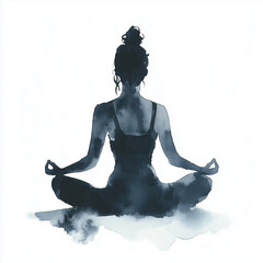 Monochrome watercolor illustration of a woman in a seated meditation pose. Serene and mindful, expressing calm, balance, and inner peace in minimalistic style.