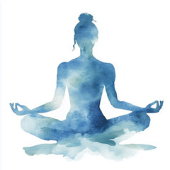 Blue watercolor illustration of a woman in a seated yoga meditation pose. Calm and minimalist composition expressing inner peace, balance, and mindfulness.