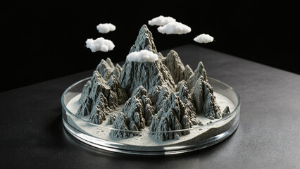 Abstract macro photo of a colossal mountain range depicted as a miniature terrain inside a glass petri dish, resembling a tiny alien world.