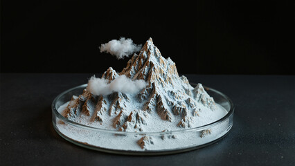Abstract macro photo of a colossal mountain range depicted as a miniature terrain inside a glass petri dish, resembling a tiny alien world.