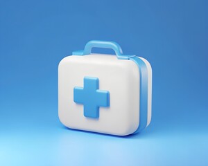 Fototapeta premium 3D Light Blue and White First Aid Kit with Blue Cross Icon for Emergency Medical Assistance Illustration