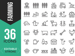 Farming and Agriculture Line Icon Set – Editable Stroke Vector Illustration

