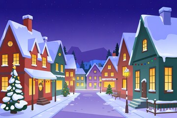 Obraz premium Snowcovered townhouses glow under a starry night with Christmas lights and small festive trees