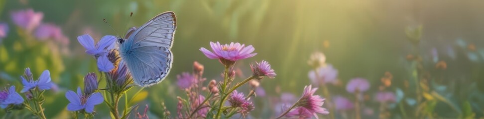 Azure butterfly perched on vibrant wildflowers, soft dawn light , meadow, macro