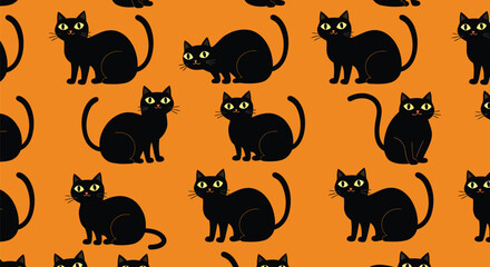 Obraz premium Cute Black Cats with Yellow Eyes Seamless Pattern on Orange. Spooky Halloween Feline Vector for Backgrounds & Textiles. AI Generative 