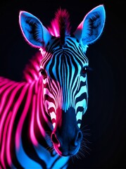 Neon zebra portrait with vibrant colors and dark background