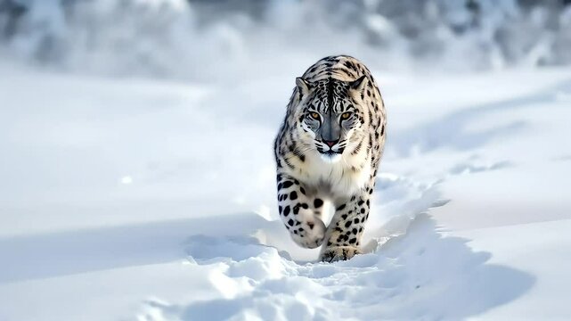A snow leopard walking gracefully through the deep snow, its powerful paws leaving tracks in the pristine white landscape, with mist rising in the cold air..