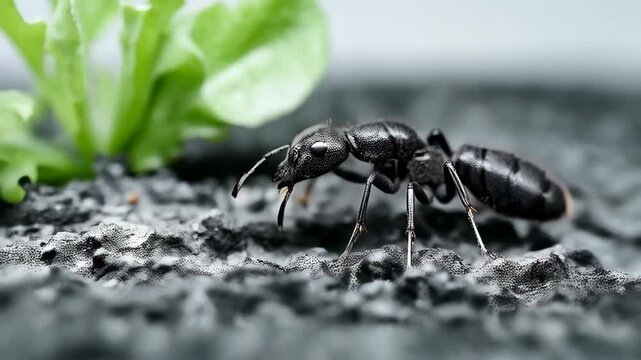 Detailed close up of a black ant crawling on rocks near green foliage in nature, showing texture and detail, macro photography.