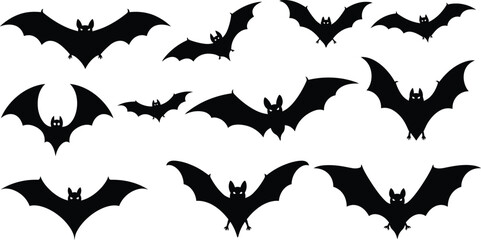 Fototapeta premium Halloween Bat Silhouette Collection: Flying Black Bats in Various Poses. Spooky Night Creature Vector Icons. AI Generative 