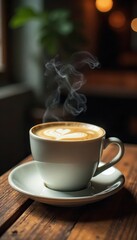 Obraz premium Steaming cup of coffee on rustic wooden table, French press, rustic, warmth