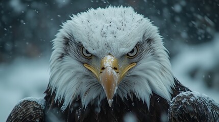 Bald eagle in snowy, winter weather conditions.