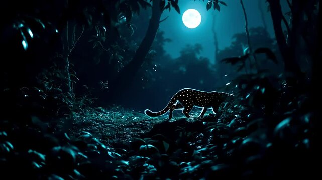 A solitary ocelot moving gracefully through the moonlit jungle at night, its spotted coat gleaming under the soft light as it navigates the thick foliage