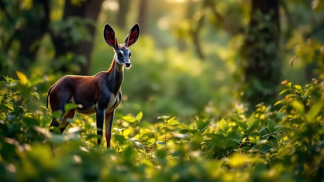 A solitary okapi standing among the lush greenery of the jungle, its distinctive features and striking colors illuminated by the soft rays of the setting sun