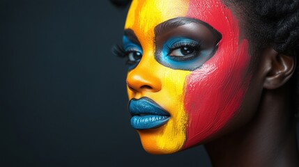 Woman with colorful face paint, primary colors.