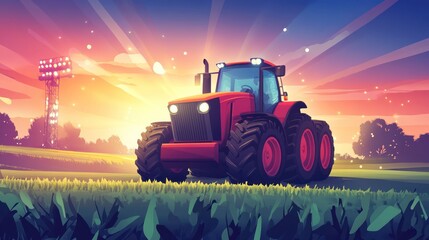 Fototapeta premium Red tractor in grassy field at sunset