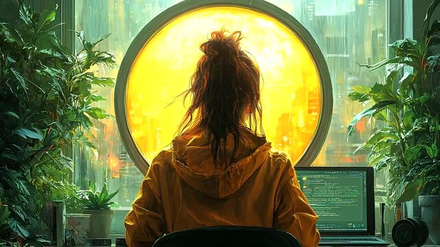 Woman working at a window with plants