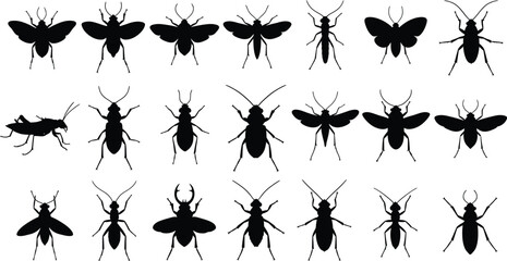 Assorted Black Insect Silhouettes Set: Flies, Beetles, Moths, Ants, Grasshopper. Entomology & Pest Vector Icons. AI Generative
