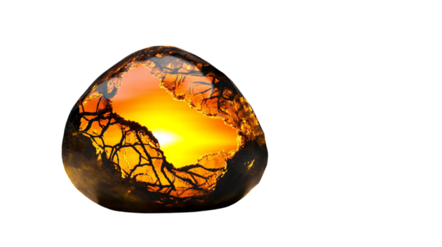 Polished amber stone showing sunset landscape with transparent background