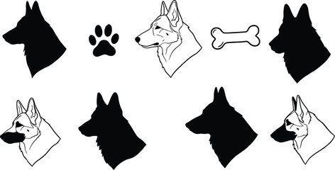 Fototapeta premium German Shepherd Dog Head Assortment: Silhouettes, Outlines, Paw Print, Bone. Canine Pet Vector Graphics. AI Generative 