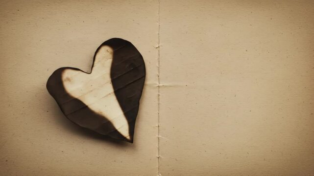 Heart paper cutout with burned edges placed on old book pages  