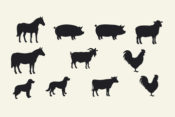 Fototapeta premium Black Farm Animal Silhouettes Set: Horse, Pig, Sheep, Cow, Goat, Rooster, Dog. Livestock & Poultry Vector Icons on Light Background. AI Generative 