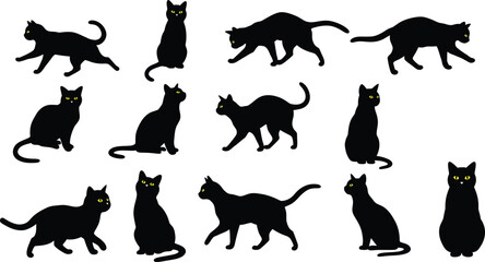 Collection of Black Cat Silhouettes with Striking Yellow Eyes. Diverse Poses - Sitting, Walking, Stretching. Feline Vector Icons. AI Generative
